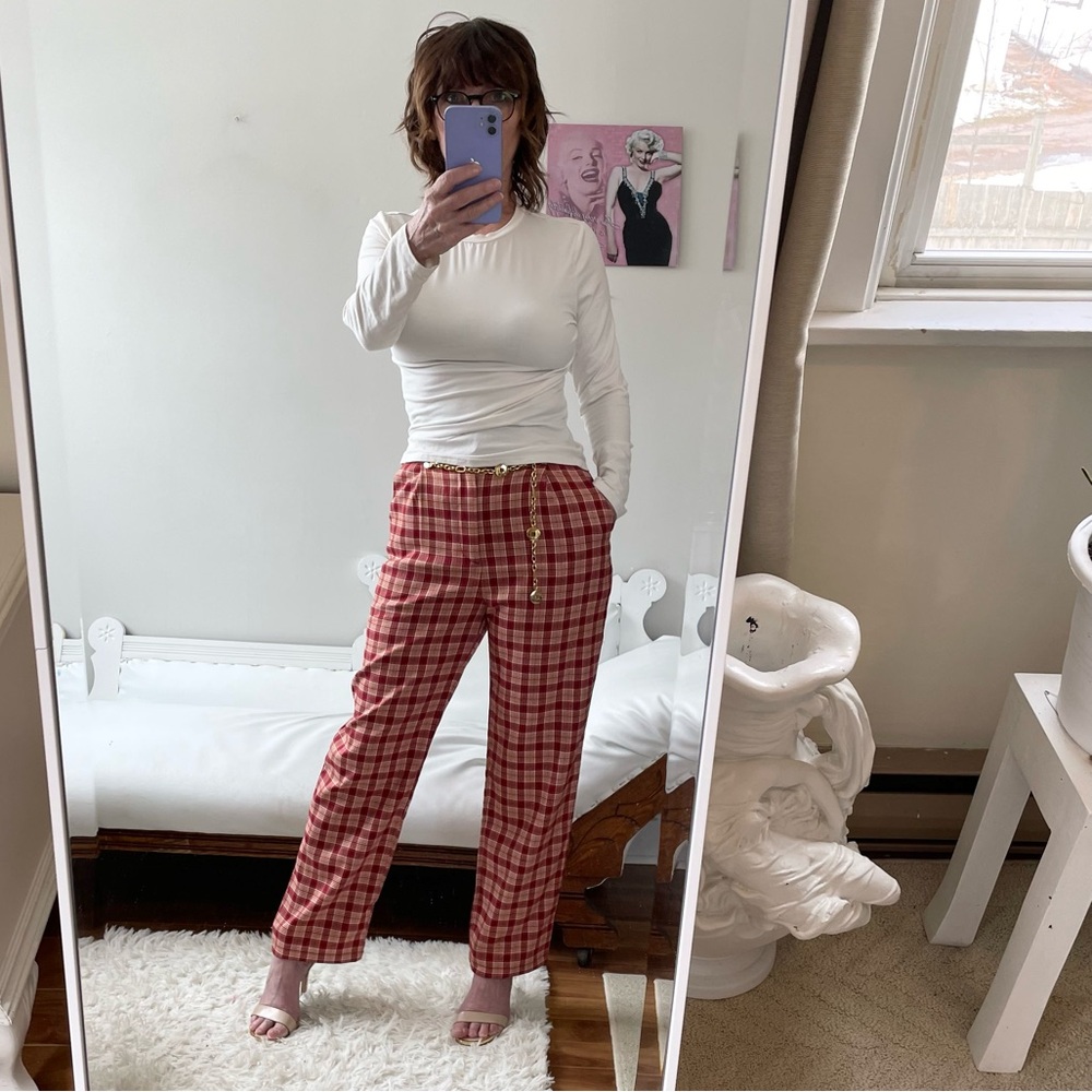 ORANGE RED CREAM LAVENDER PLAID TROUSERS POCKETS PLEATS ZIPPER CHECKERED GINGHAM